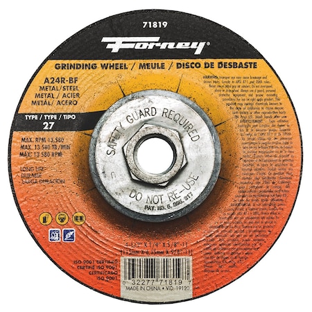 Forney Grinding Wheel, Metal, Type 27, 4-1/2 in x 1/4 in x 5/8 in-11 71819